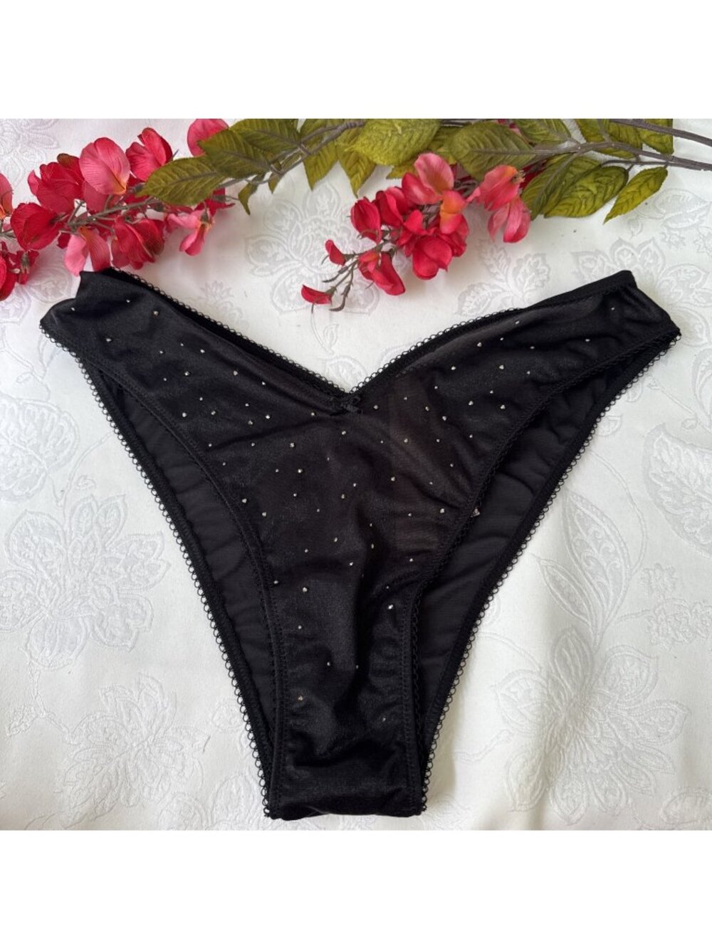 VICTORIA'S SECRET M BLACK RHINESTONE BLING BRAZILIAN HIGH LEG PANTIES NWT